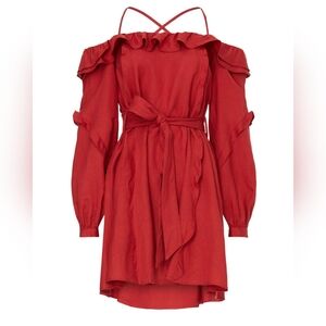 Red A-line Dress with Tie Front and Bishop Sleeves